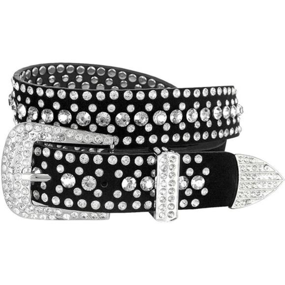 Western Rhinestone Cowgirl Cowboy Bling Studded Suede Leather Belt 1-1/4"(32mm) - Picture 7 of 7
